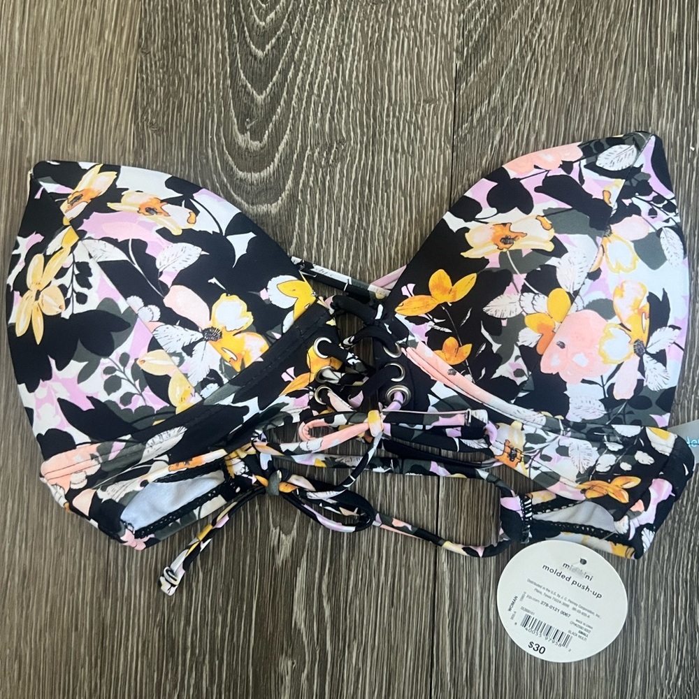 NWT Decree Floral Lace-Up Bikini Top